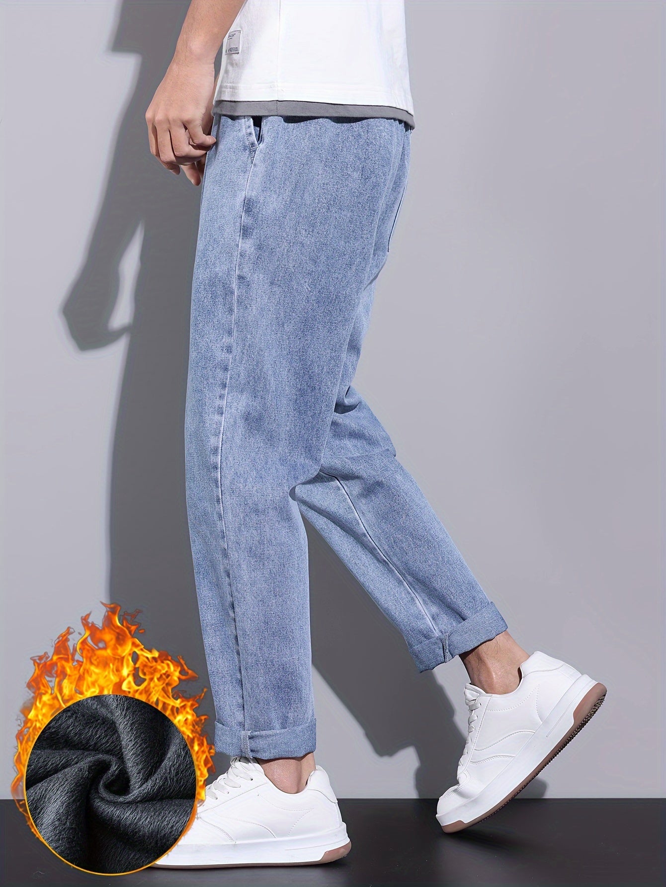 Men's Winter Fleece-Lined Jeans - Casual Straight Leg with Elastic Drawstring Waist, Warm & Stylish Streetwear Denim Pants