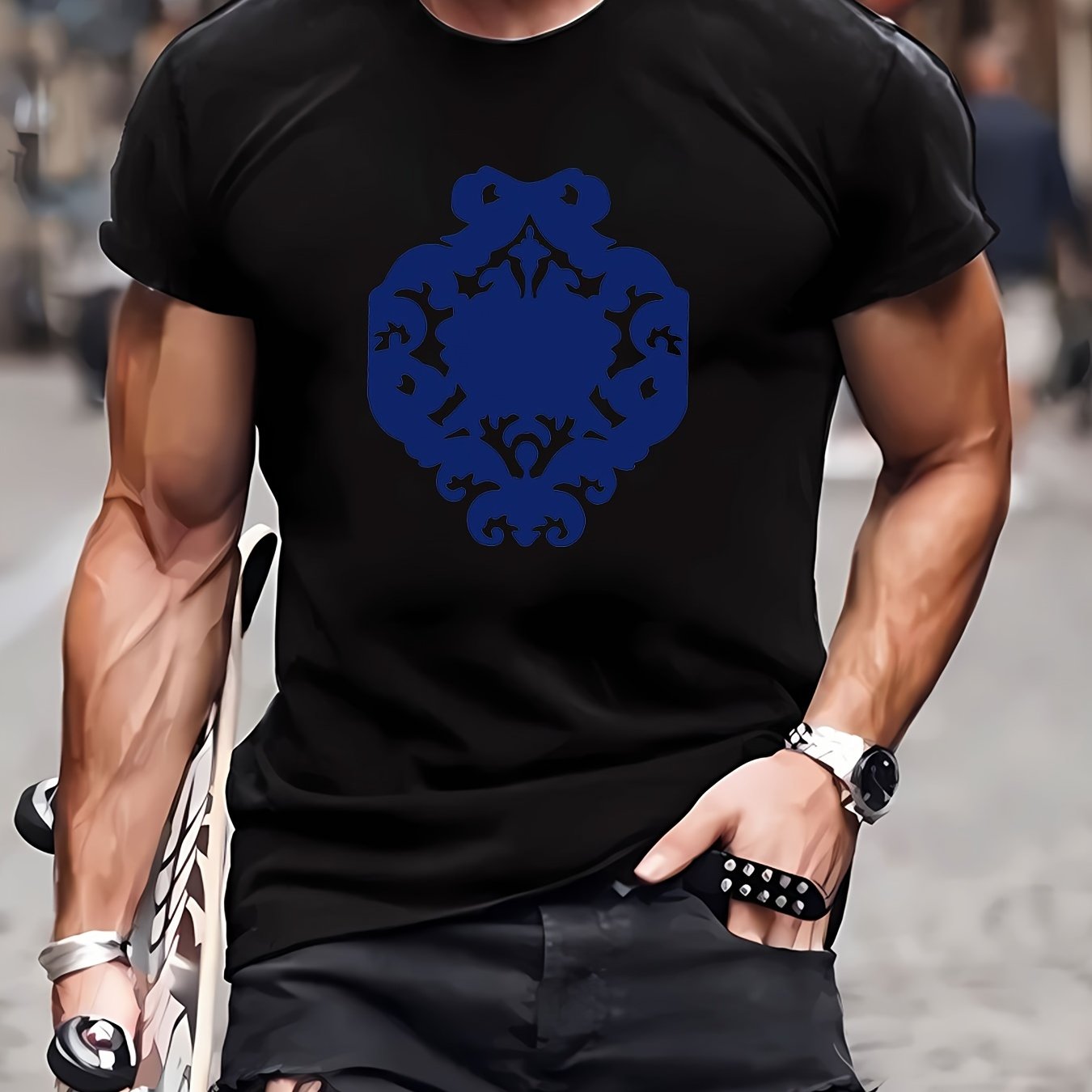 New Summer Round Collared Short Cuff T Dress For Men'S Wear With Free Print