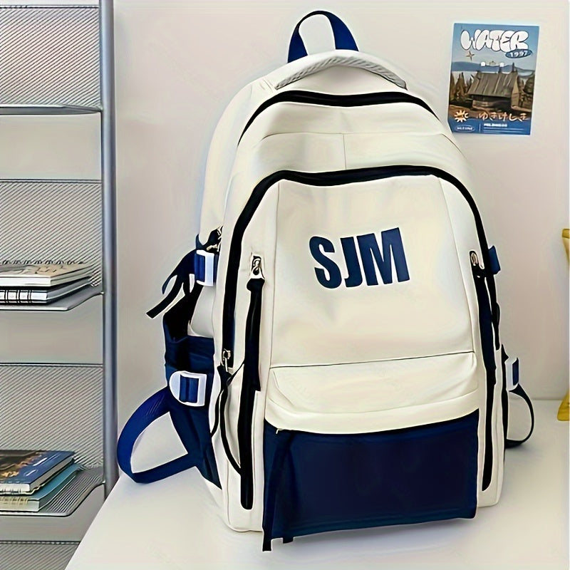 Stylish Unisex Nylon Backpack - Durable Casual Travel School Bag with Adjustable Straps, White Blue Design, Lightweight and Spacious for Everyday Use, School Backpack Contrast Strap Design Polyester Lined, Travel Back
