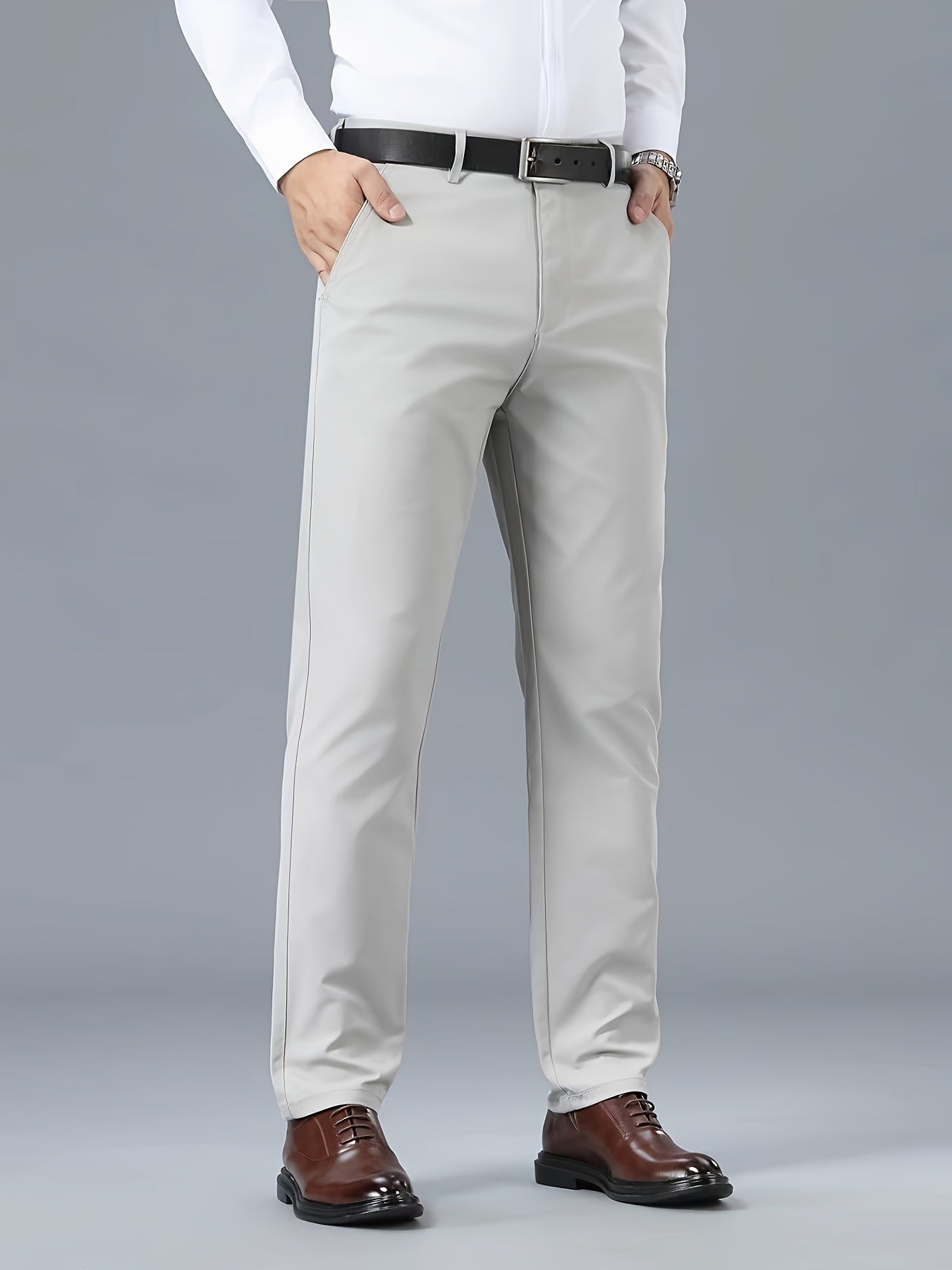 Men's Classic Business Casual Pants - Polyester, Solid Color, Regular Fit for All Seasons