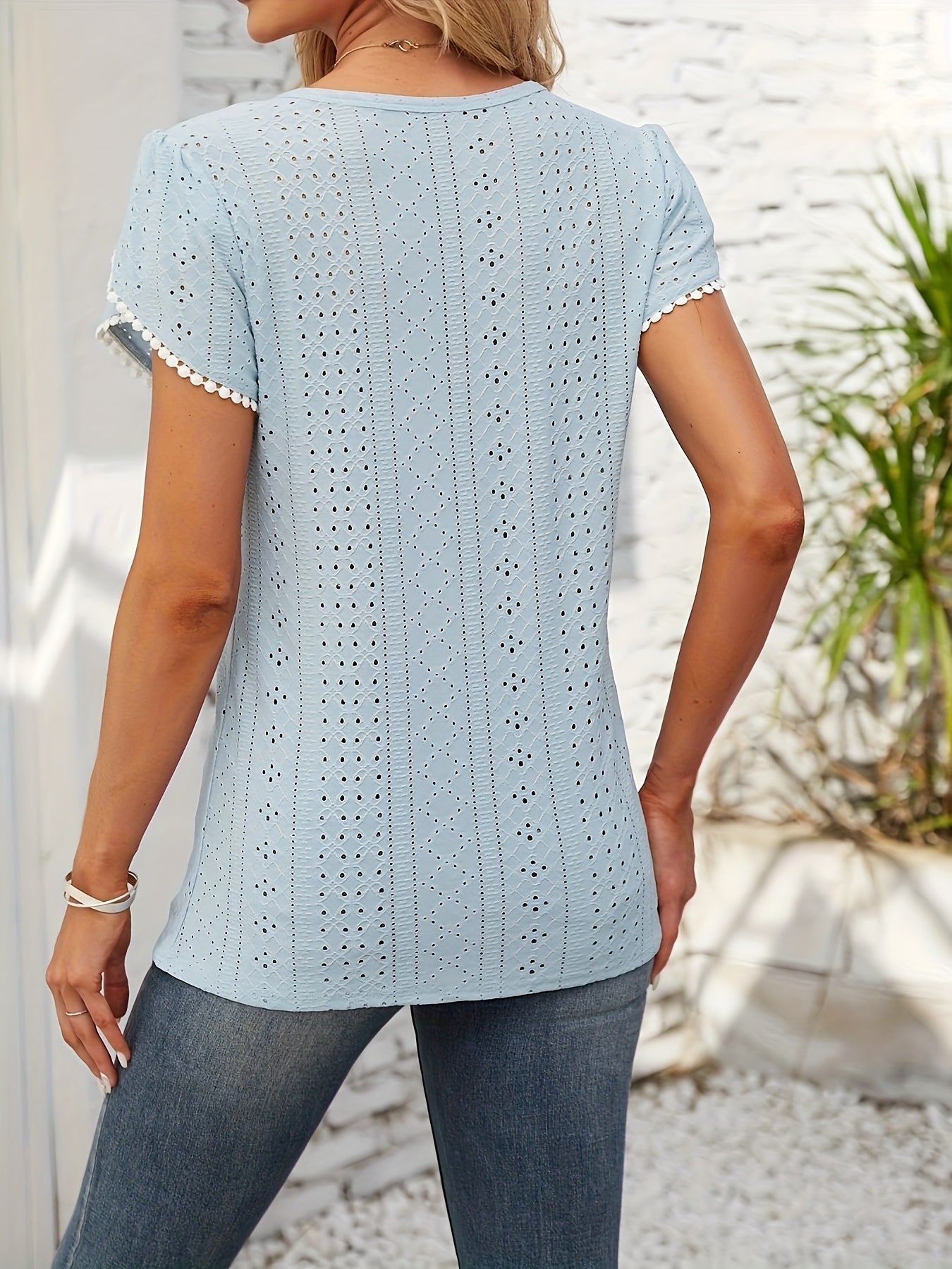 Women'S Elegant Blouse - Soft Pink Round Neck T-Shirt with Floral-like eyelet details, Breathable Loose Fit Top for Casual & Formal Outfits - Everyday Summer Shirt for Women, Ladies T Shirts, Versatile Clothing, Feminine Styl