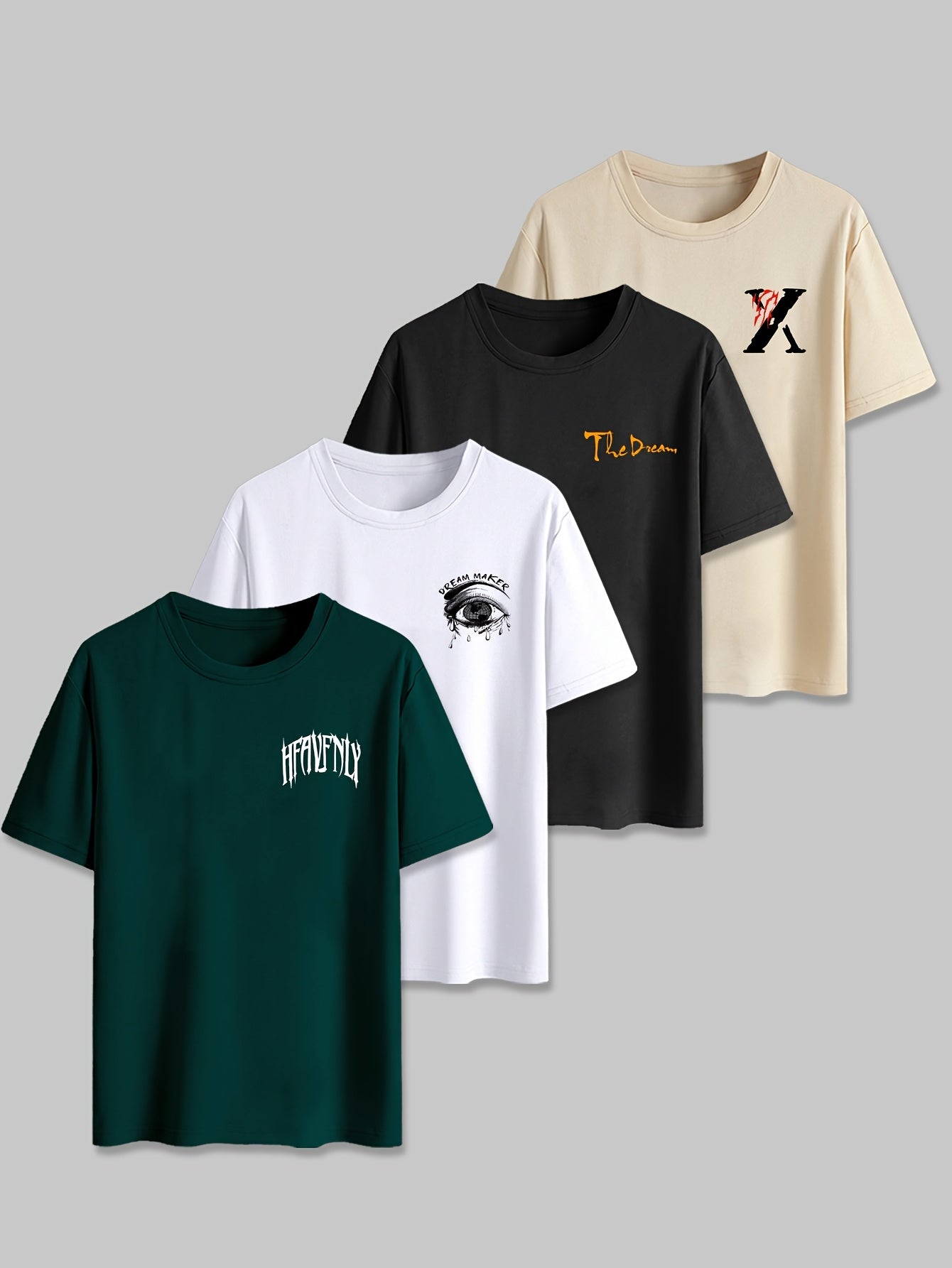 4pcs Men's Graphic Tees - "Heavenly" More Designs, Casual Crew Neck Short Sleeve T-Shirts in Beige, Black, White - Lightweight Polyester for Summer Outdoor Wear
