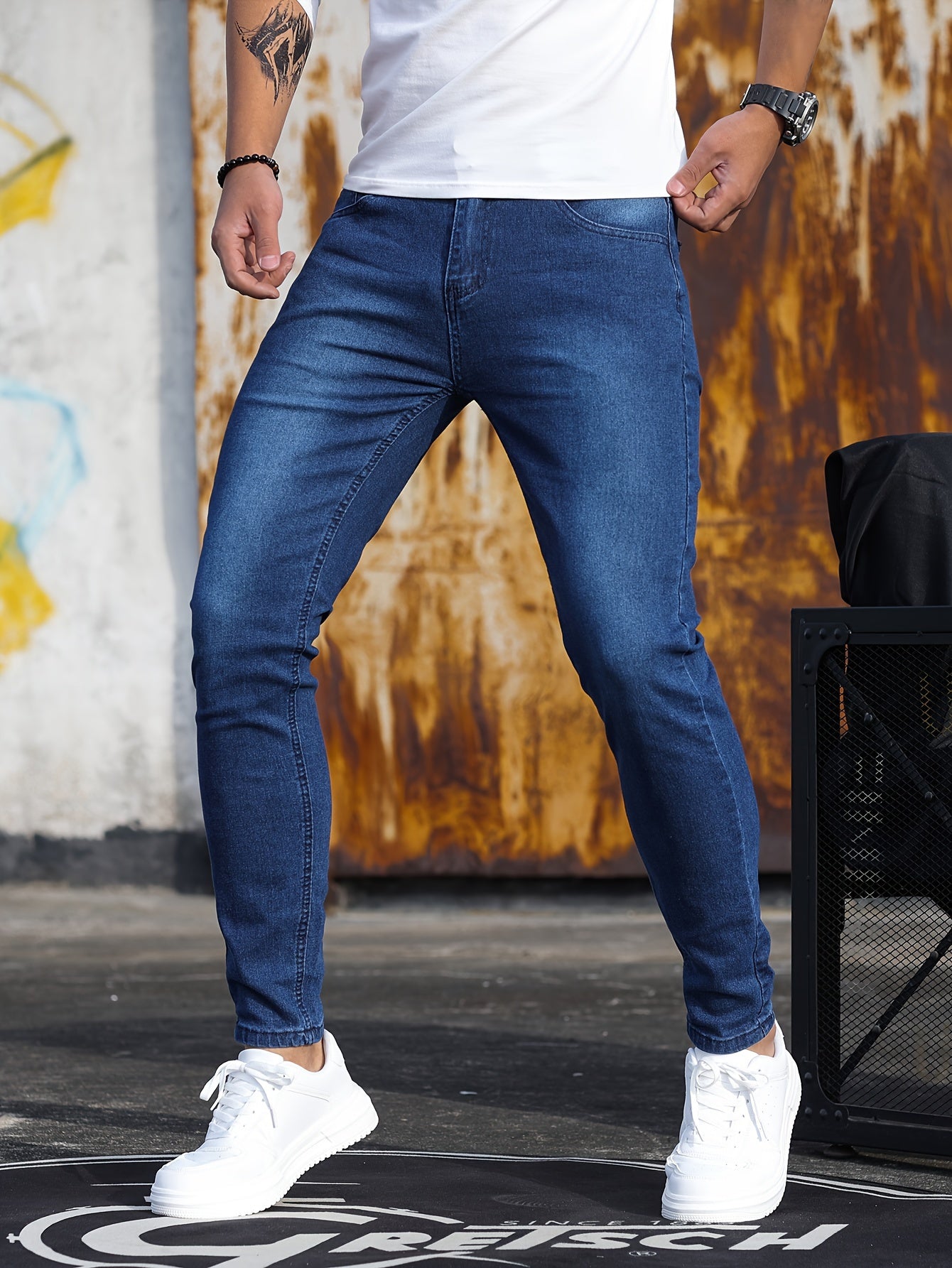 Men's Casual Skinny Jeans, Chic Street Style Medium Stretch Denim Pants