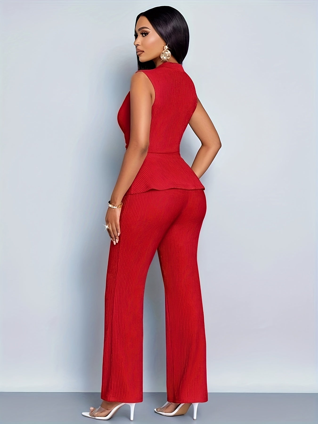 Women's Elegant V-Neck Sleeveless T-Shirt and Wide-Leg Pants Two-Piece Set, Asymmetrical Hem Casual Spring/Summer Outfit