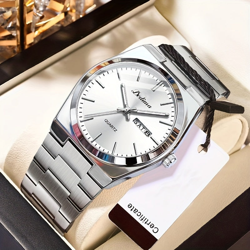 Elegant Men's Quartz Watch with Stainless Steel Band, Rivet Detail, and Dual Calendar - Non-Rechargeable Button Battery Included, DEDIMA