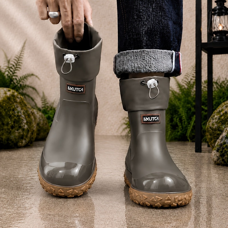 Men's Short PVC Rain Boots with Adjustable Drawstring & Tread Sole