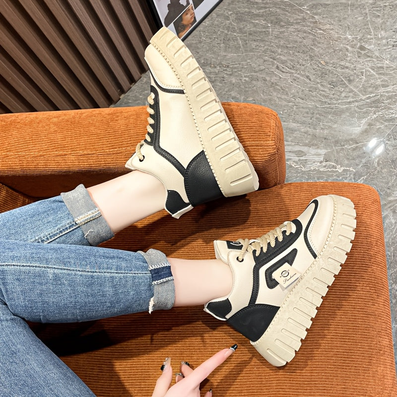 1 Pair Women'S Fashion Mid-Top Casual Sneakers, PU Upper, Fabric Lining, Rubber Sole, and EVA Insole, Lace-Up Design, with All-Season Versatile Athletic Shoes