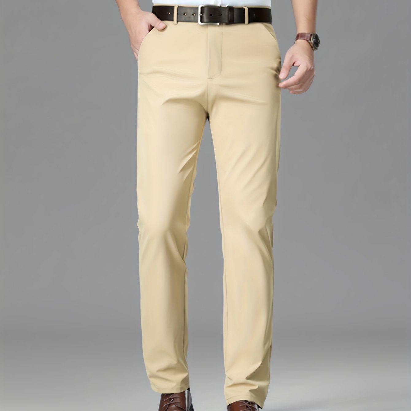 Men's Lightweight Summer Casual Pants, Slim Straight Fit, Polyester, Mid-Rise, Built-in Zipper, Regular Length - Ideal for Casual Attire