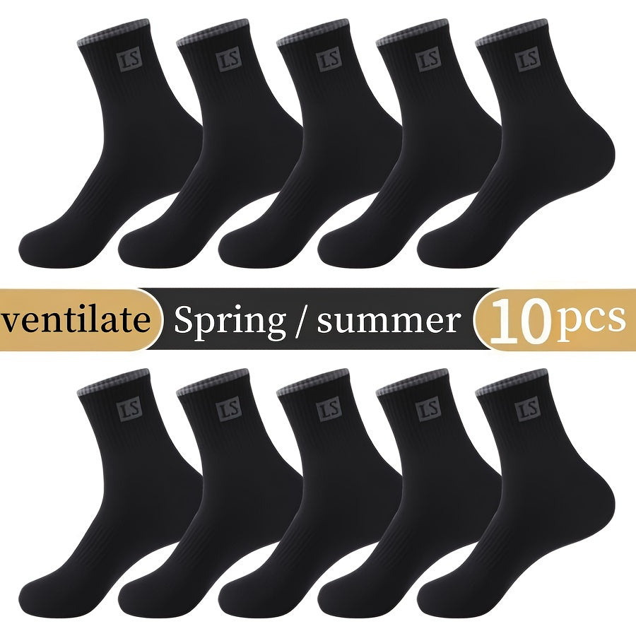 5/10 Pairs Of Men's Trendy Solid Crew Socks, Spring and Fall Breathable Comfy Casual Socks for Men's Outdoor Wearing All Seasons Wearing