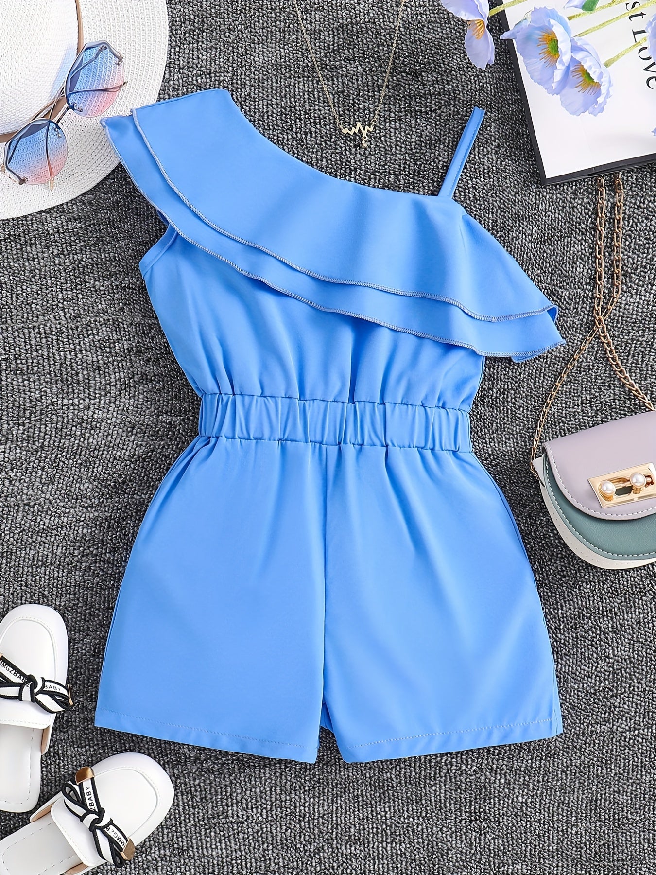 Girls White Rompers One Shoulder Ruffles Jumpsuits Մանկական ամառային հագուստ