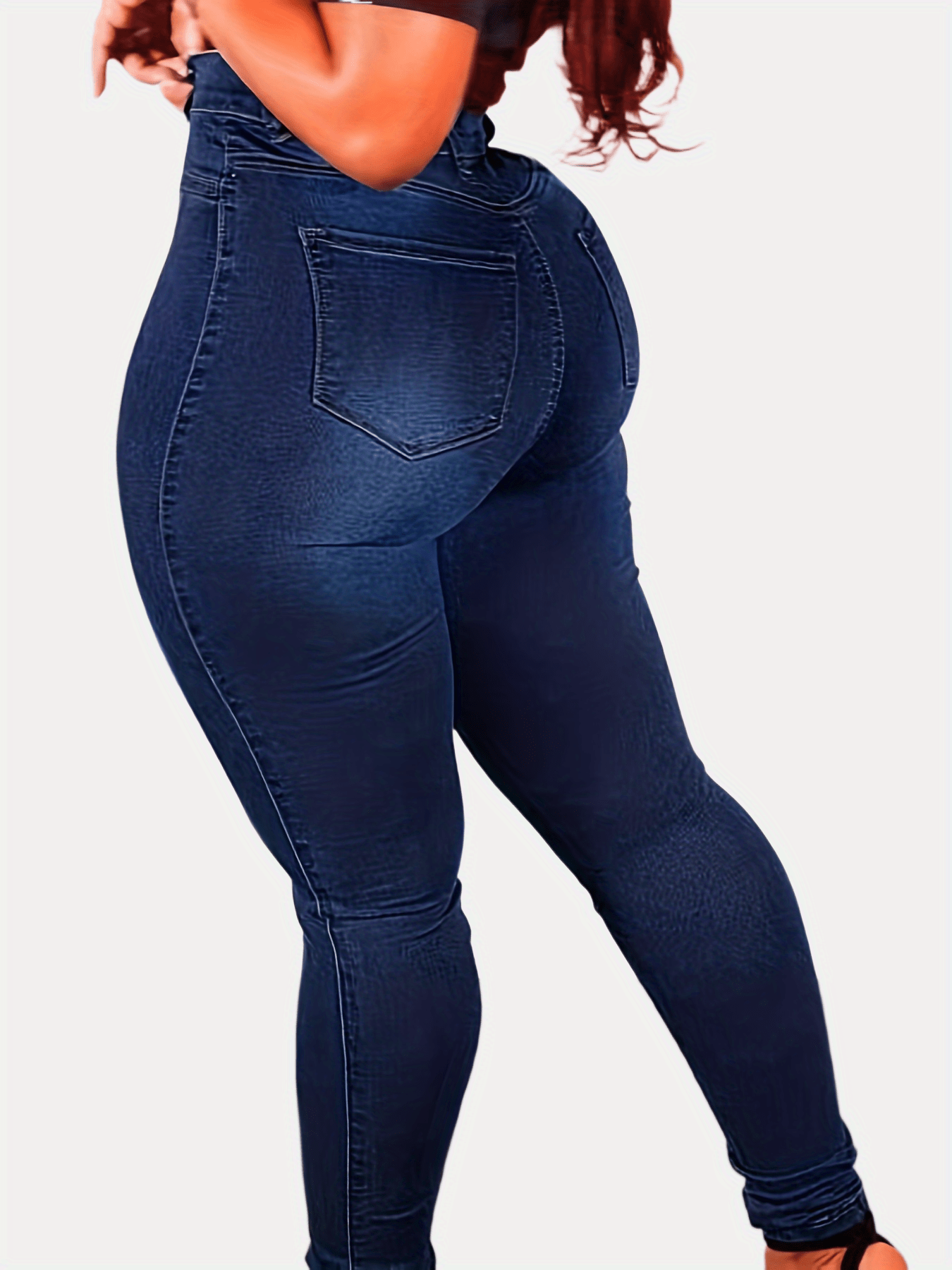 1pc Women'S Plus Size Stretch Denim Jeans, Solid Color Button-Up Washed Casual Style, (75%, 22% Polyester, 3% Spandex), Medium Stretch Fabric, All-Season Woven Pants