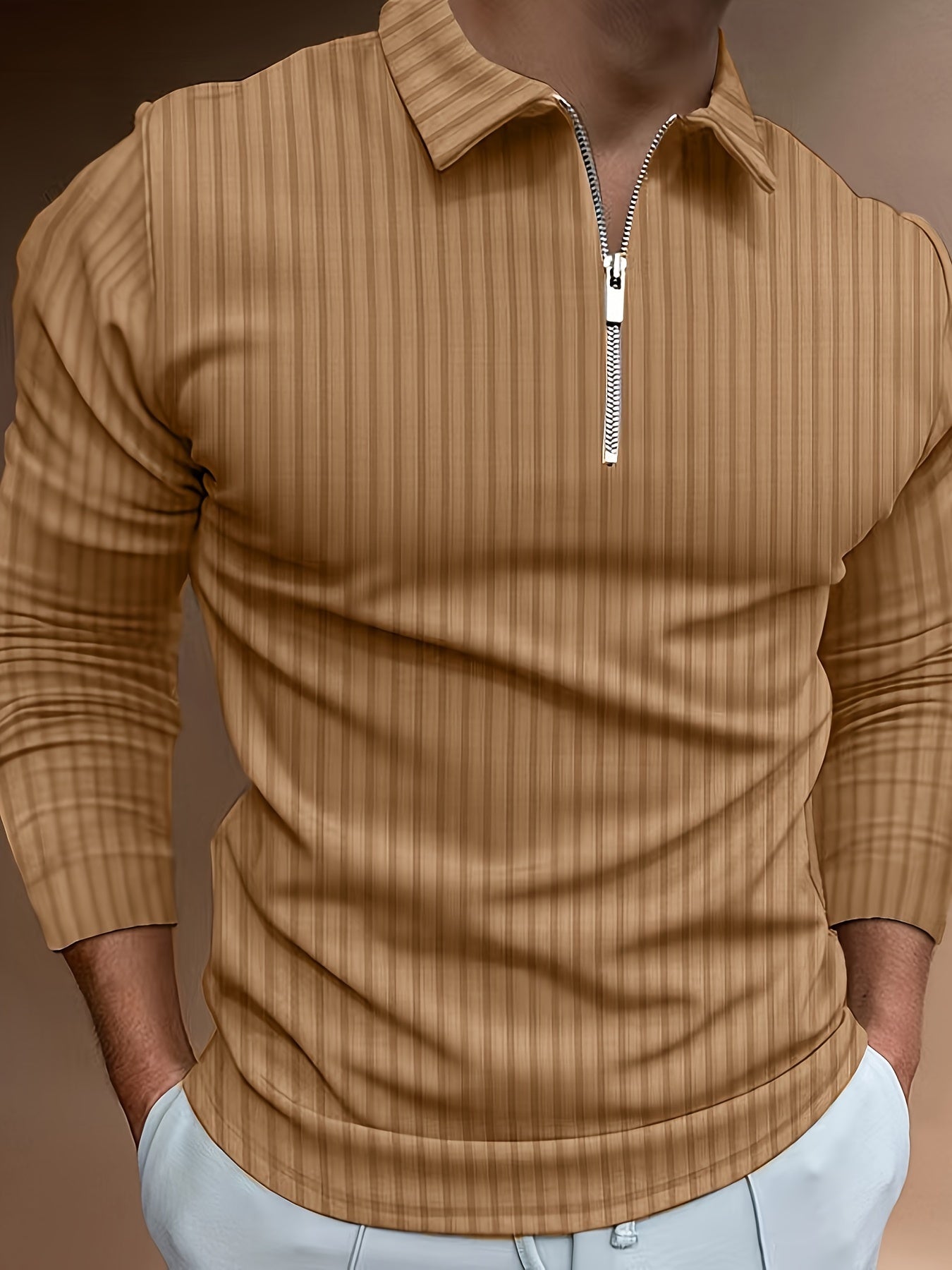 Men's Casual Sports Ribbed Long Sleeve Zipper Lapel Golf Shirt, Spring And Fall