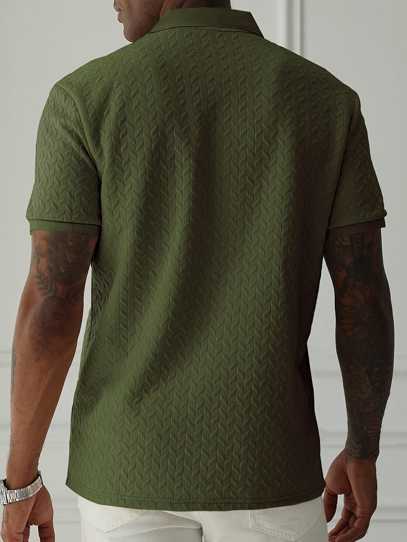 Men'S Casual Black Short Sleeve Polo Shirt with Textured Diamond Pattern - Polyester, Button-Up, Regular Fit for Summer, Casual Attire|Textured Pattern Shirt|Polyester Fabric