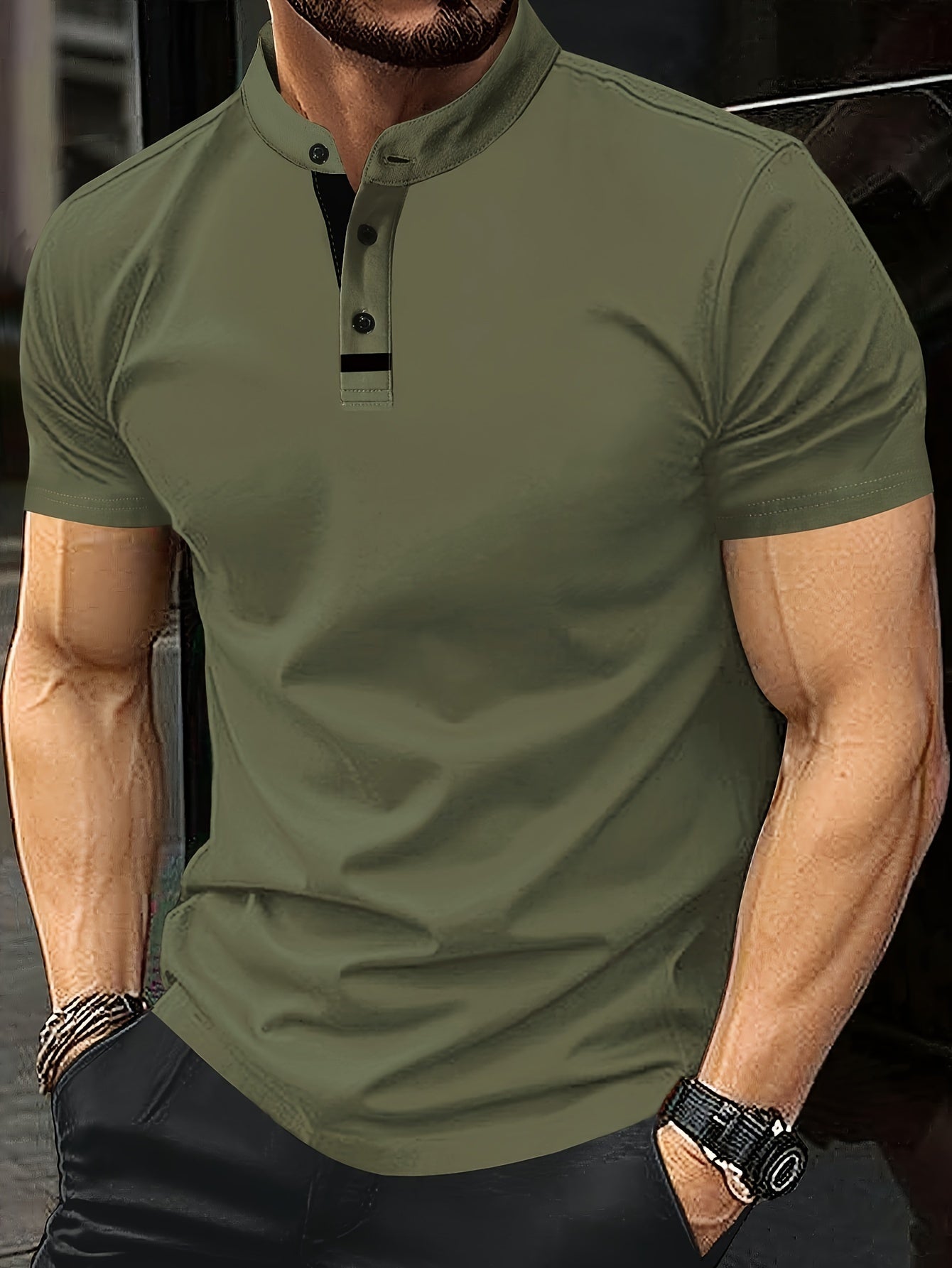 Men's Casual Red Shirt - Short Sleeve, Round Neck with Button Detail, Lightweight Polyester Blend, Ideal for Golf & Casual Attire, Machine Washable
