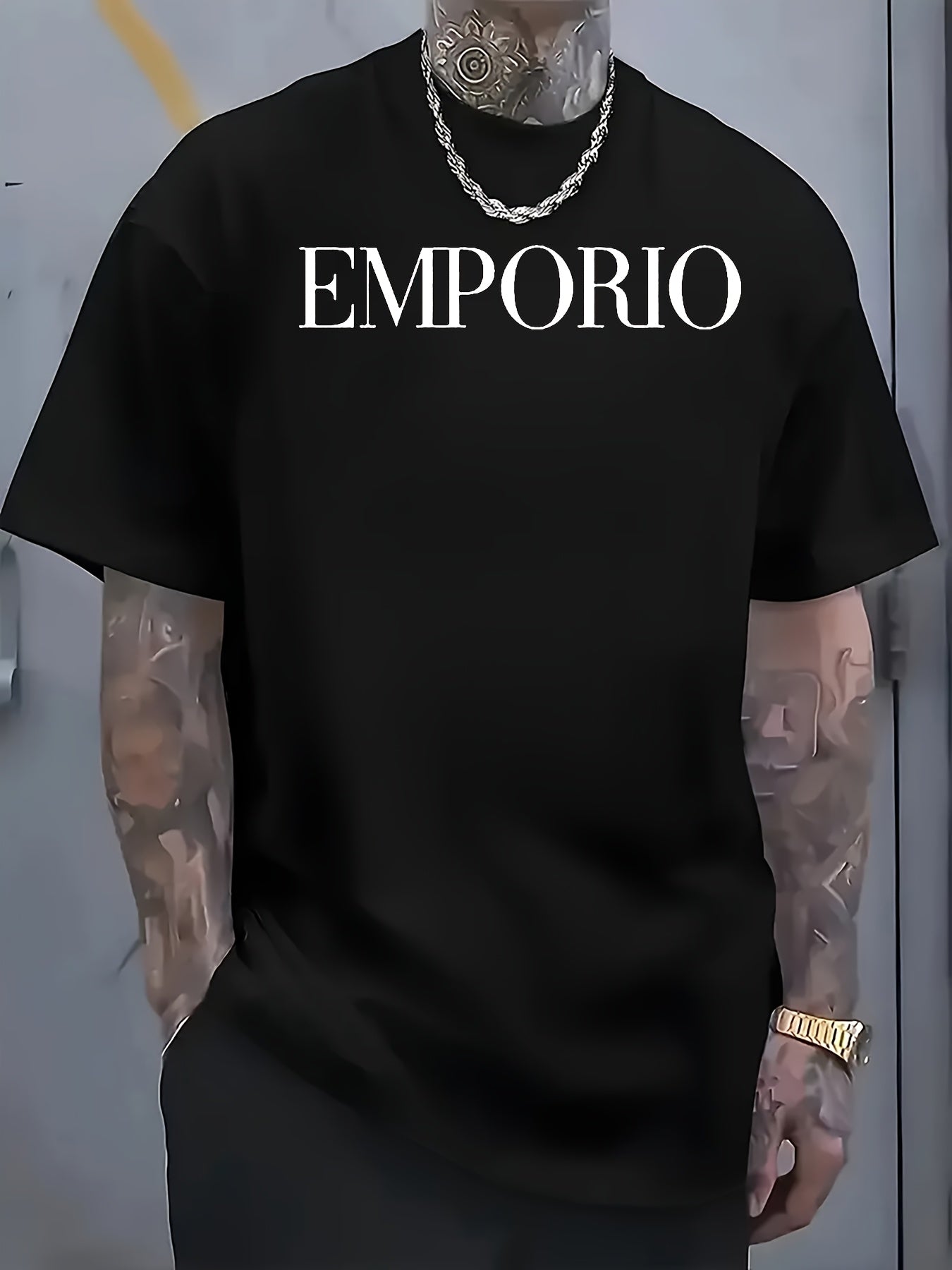 2025 New Men'S Casual Short Sleeve T-Shirt - "EMPRIO" Print, Black with White Lettering, Lightweight Breathable Fabric, Perfect for Summer Beach Outings Outdoor Adventures, Beach T Shirt