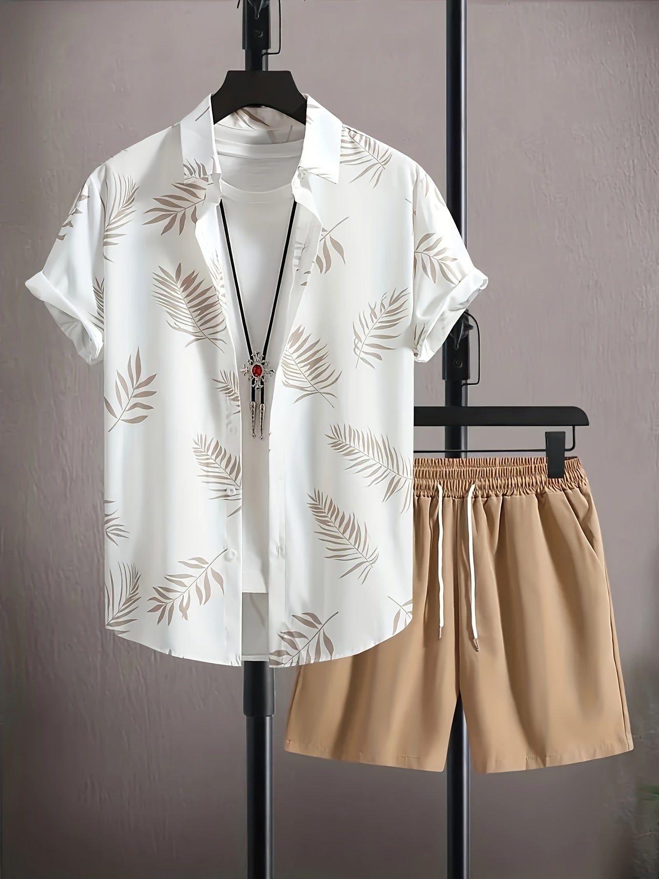 Men'S Casual Two-Piece Summer Outfit - Leaf Print Button-Up Shirt with Drawstring Shorts, Light Brown and White, Polyester, Relaxed Fit, Perfect for Beach or Casual Attire, Beach Attire|Tropical Print|Polyester Fabric