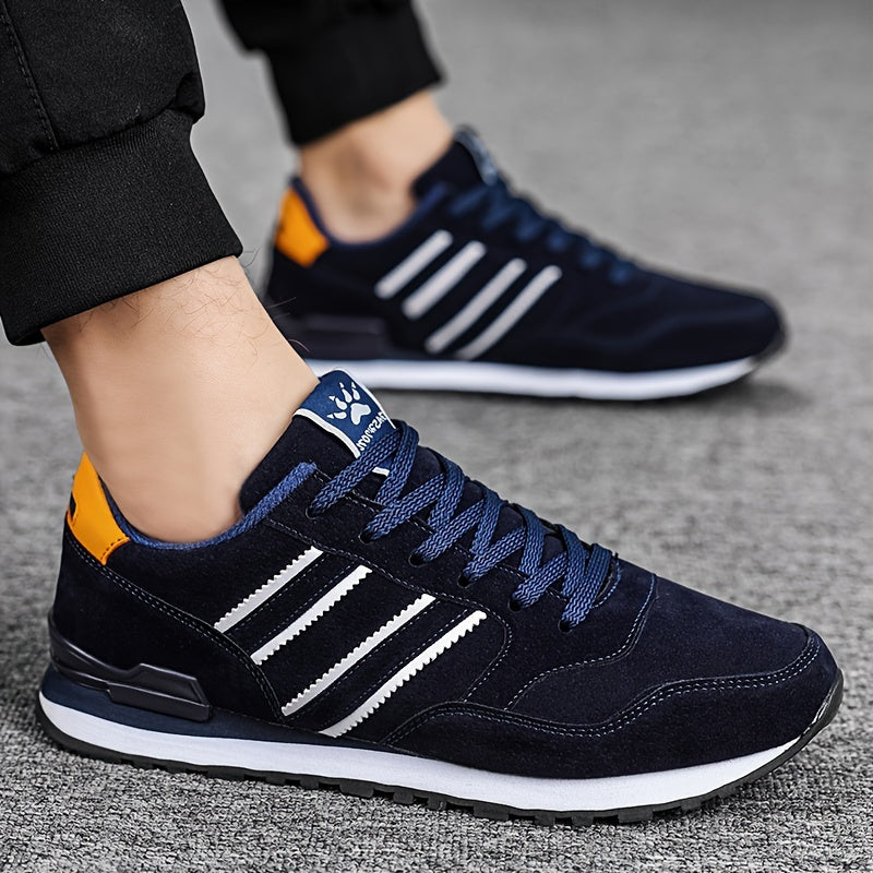 Men's Breathable Mesh Running Shoes - Versatile Korean Style Casual Sneakers with Striped Design, Durable Non-Slip Rubber Sole for Outdoor Activities, Daily Wear & Exercise - Light Gray with Blue Accents, Lace-Up Closure