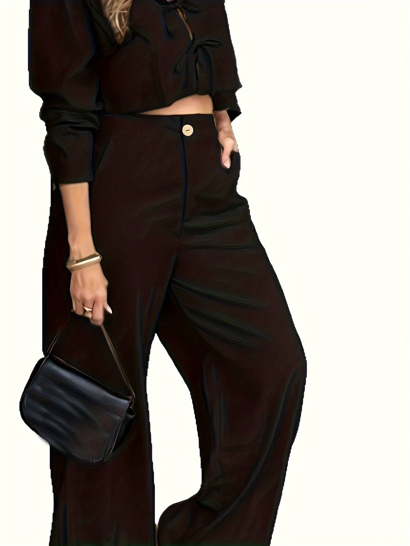 Solid Color Long Sleeve Top and High-Waisted Pants Women's Outfit