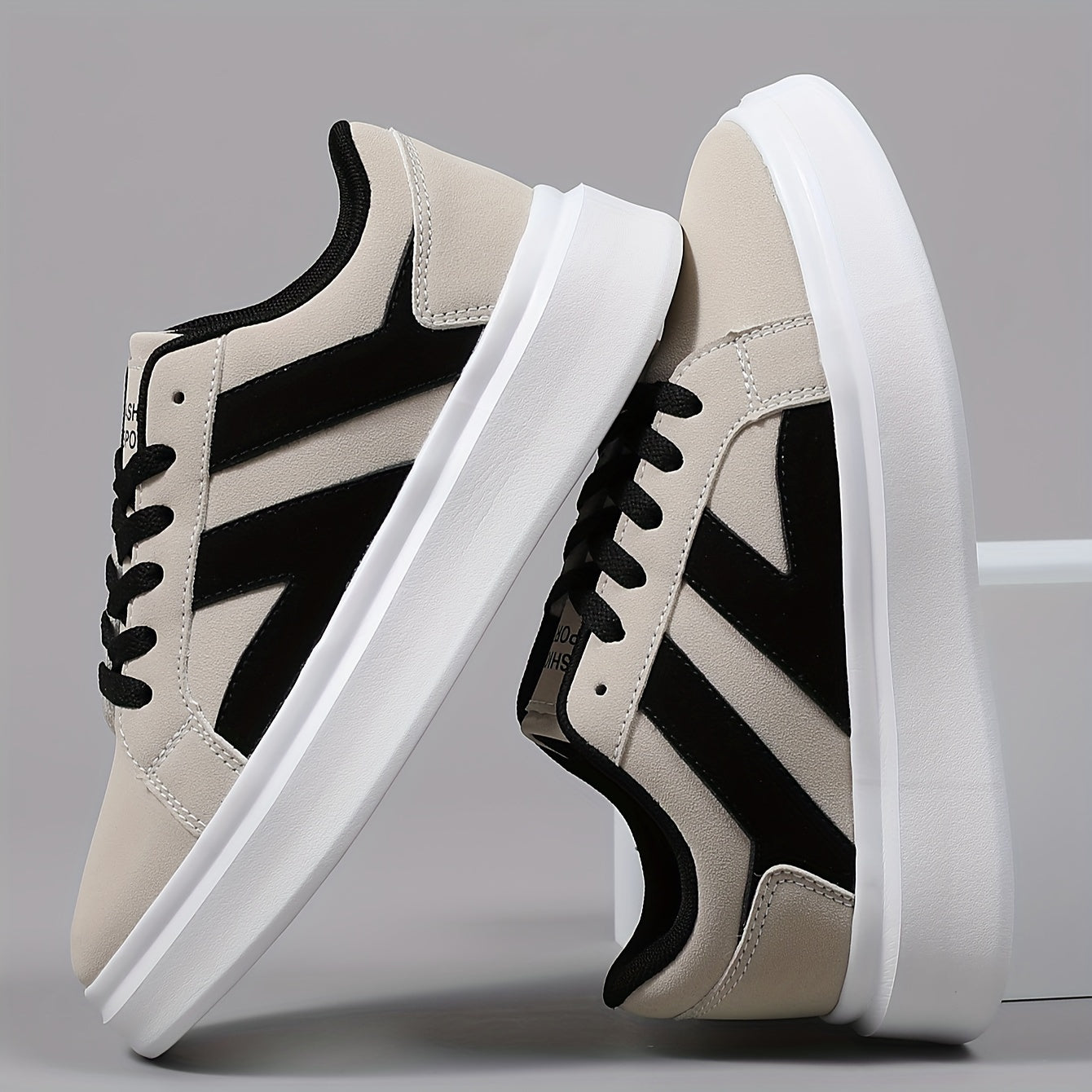 Men's Casual Athletic Sneakers - Comfortable Low-Top Lace-Up Shoes with Geometric Design, Black Beige, EVA Sole, Microfiber Upper for Casual Attire and Sports