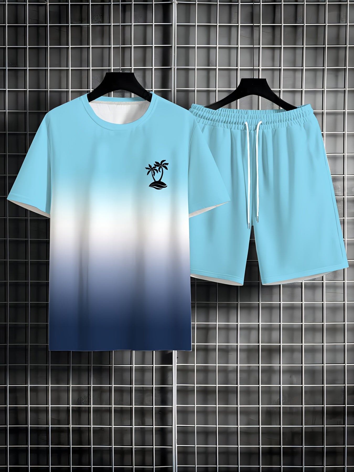 Men's Casual Summer Set: Coconut Tree Print T-Shirt & Drawstring Shorts - Breathable Polyester, Machine Washable