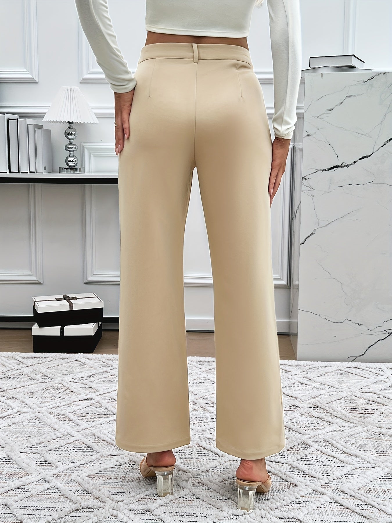 Elegant Solid Color Straight-Leg Pants for Women - High Waist, Stretchy Polyester Blend, Machine Washable - Perfect for Spring & Fall