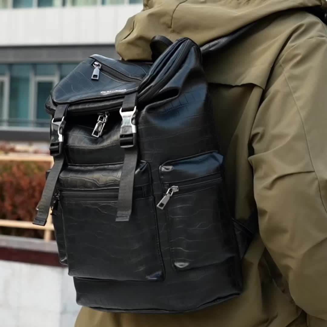 Unisex Backpack with Crocodile Texture, Large Capacity, Anti-Theft, Multi-Compartment, Fits 14-inch Laptop, Casual Travel Business Commute, Minimalist Style, No Battery - Black
