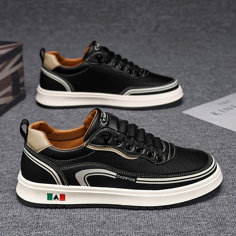 FC06 Men'S Casual Sneakers - Black White Low-Top Lace-Up Shoes with Italian Flag Design, Faux Cover Upper, Cushioned PVC Sole, Breathable Fabric Lining for All-Season Comfort, Everyday Footwear, Modern Sneakers, Fabric Line