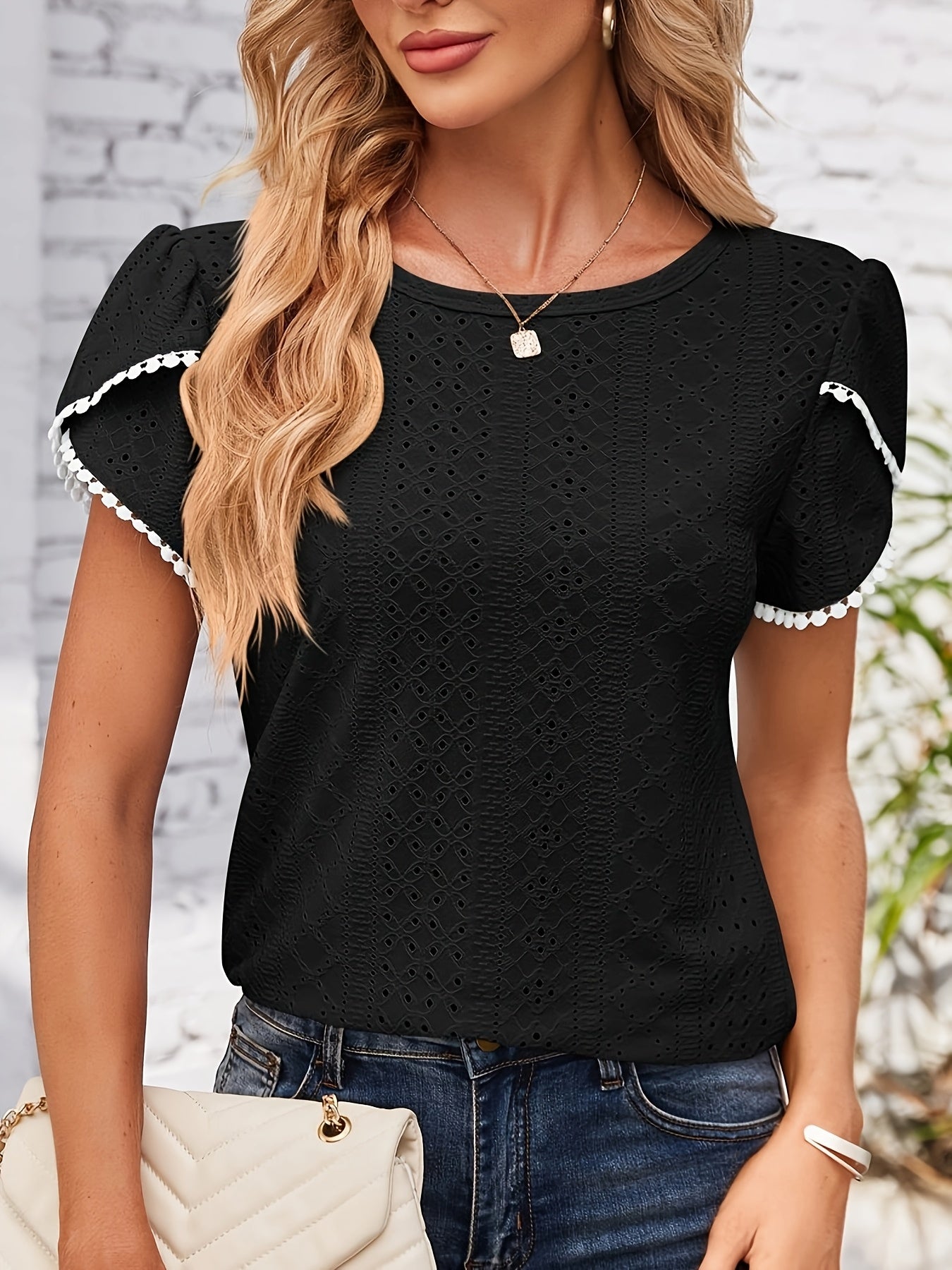 Women'S Elegant Blouse - Soft Pink Round Neck T-Shirt with Floral-like eyelet details, Breathable Loose Fit Top for Casual & Formal Outfits - Everyday Summer Shirt for Women, Ladies T Shirts, Versatile Clothing, Feminine Styl