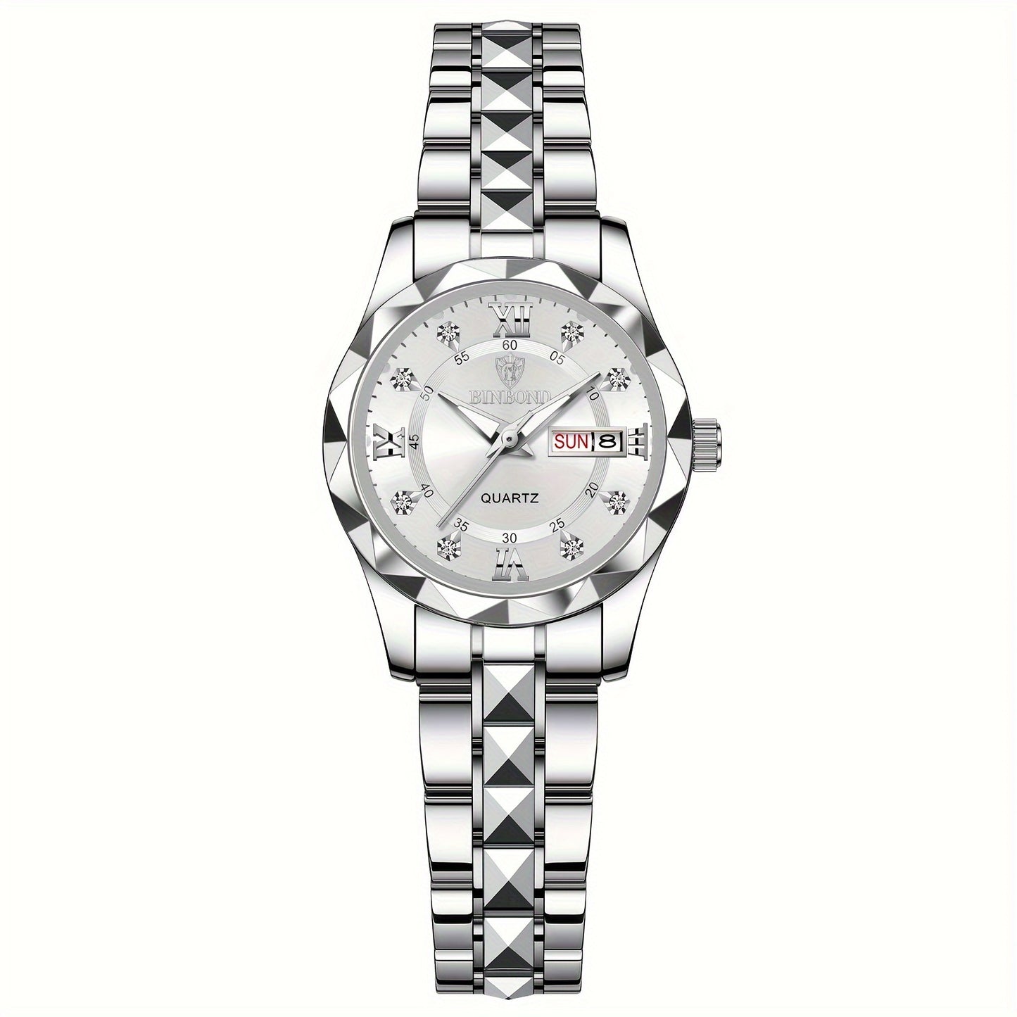 BINBOND Women's Light Luxury Quartz Watch with Night Glow, Double Calendar, Stainless Steel Band & Blue Dial - Elegant Casual & Formal Watch for Casual Attire