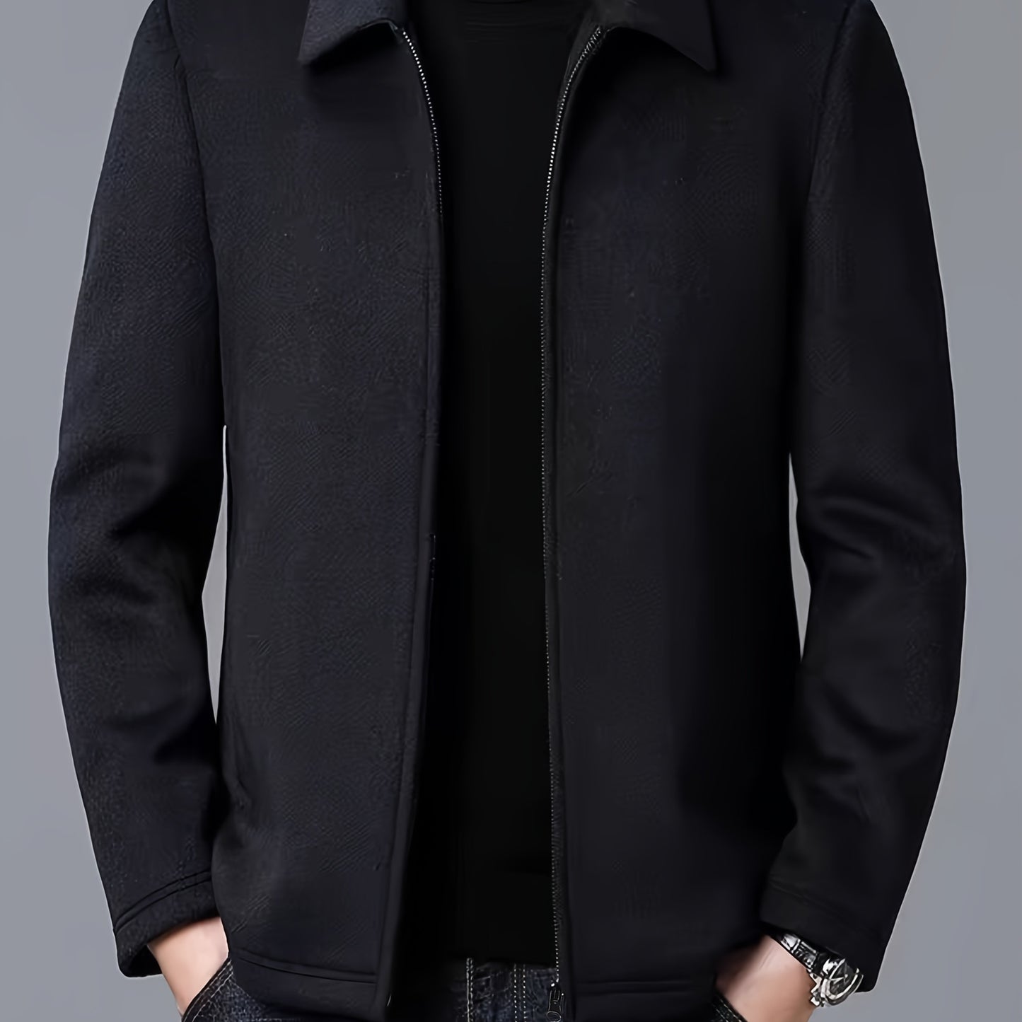 Men's Autumn and Winter Fleece Jacket with Zipper and Turn-up Collar