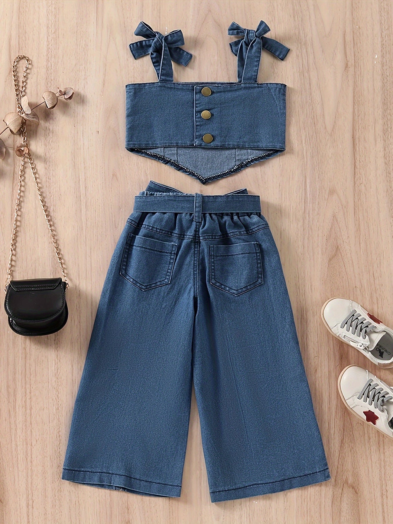 Relaxed Fit, Chic Girl's Denim Outfit Set - անթև վերնաշապիկ և բարձր գոտկատեղով բացված շալվար գոտիով, բամբակյա խառնուրդ, լվացվող մեքենայում, կատարյալ դրսում