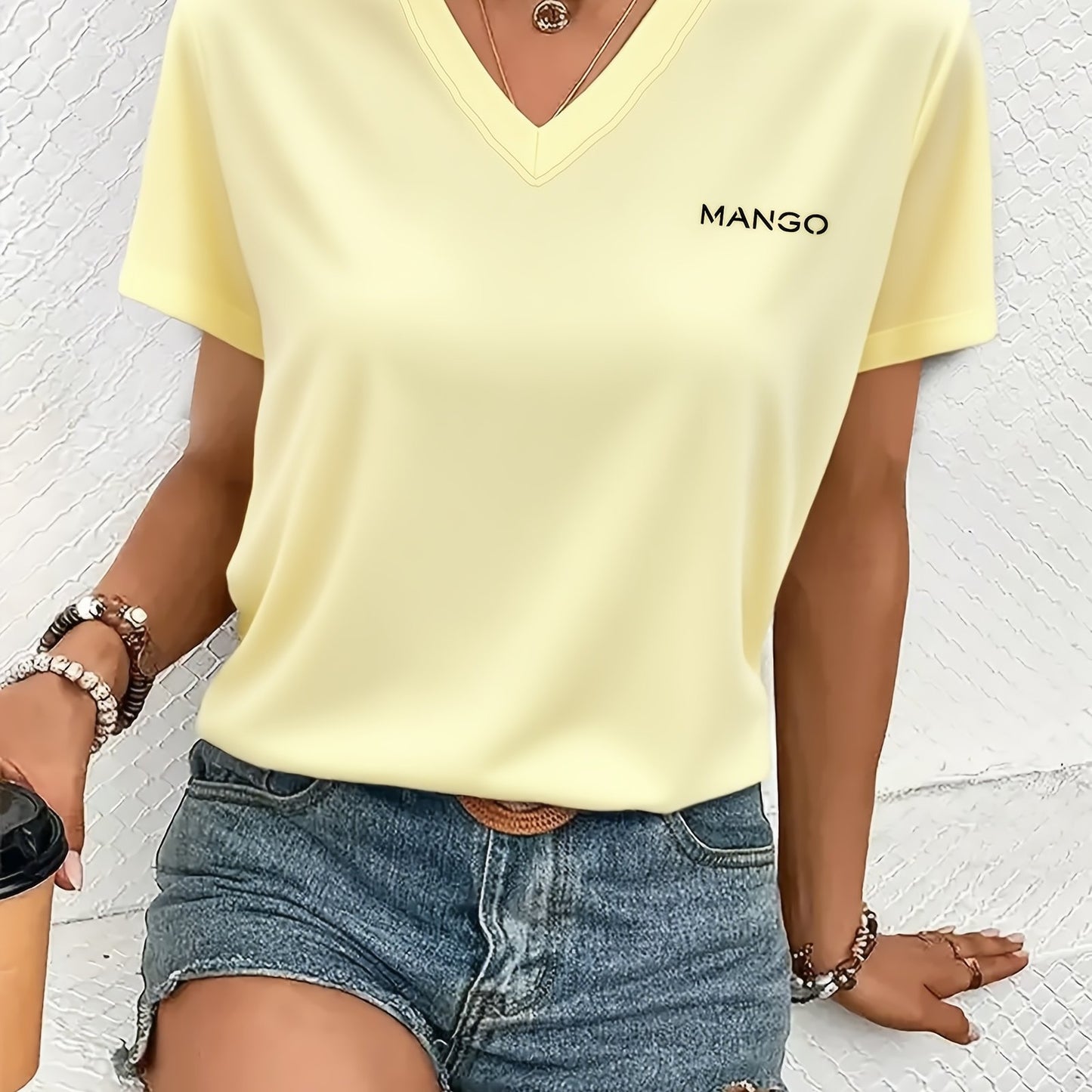 Women'S Y2K V-Neck Short Sleeve T-Shirt - Casual & Comfortable Geometric Pattern, Regular Fit All-Season Top for Casual Attire, Everyday Tshirt | Y2K Fashion | Comfortable Fit