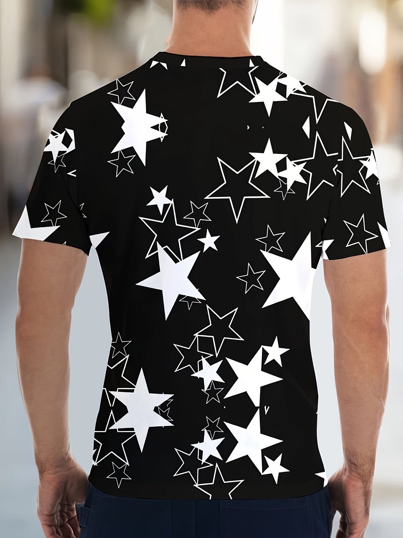 Men's Allover Color Blocking Stars Pattern Short Sleeve Crew Neck T-shirt For Summer, Casual Stylish Tee As Gift