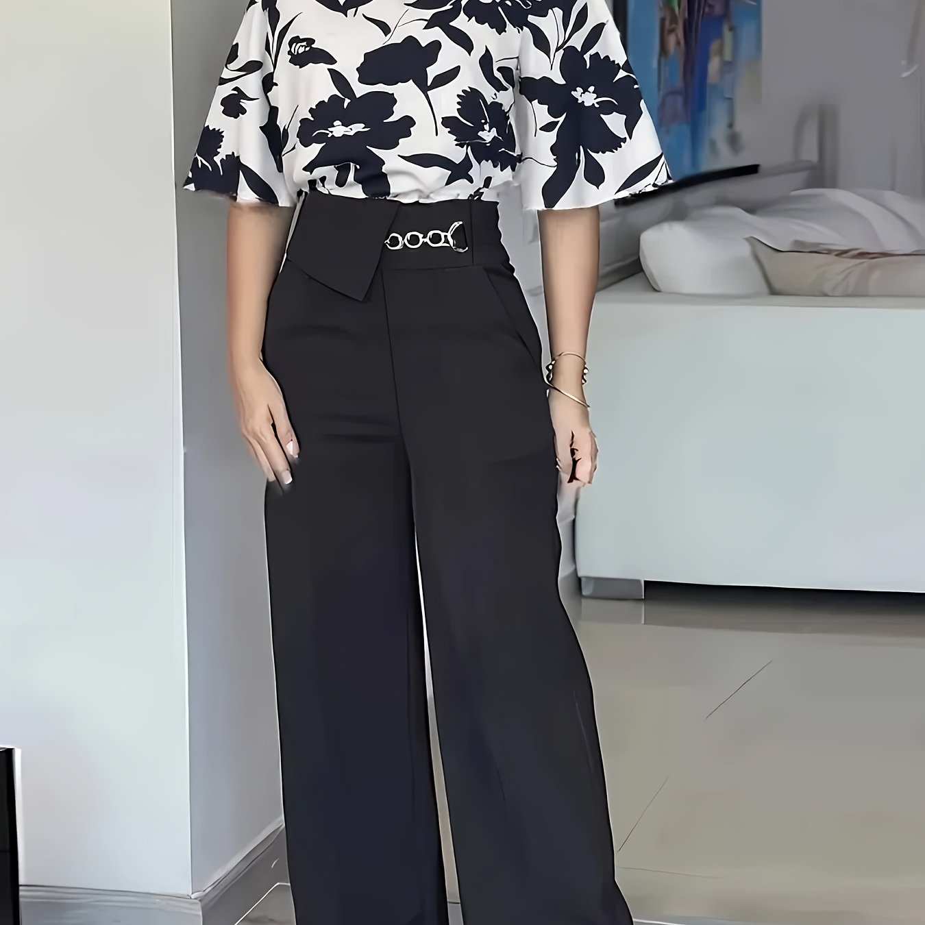 Women's Elegant Printed Short Sleeve Round Neck Shirt and Long Pants Set