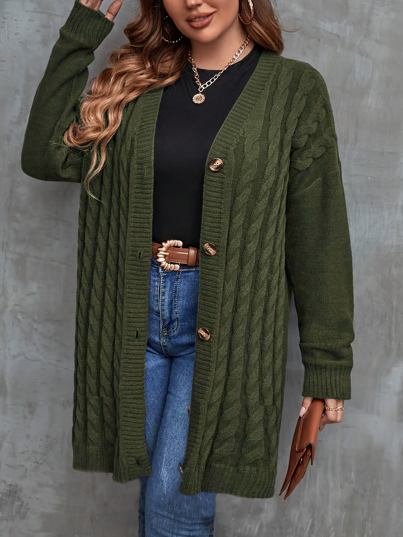 Women's Casual Long Knit Cardigan - Cozy Drop Shoulder, Thick Cable Knit Sweater with Buttons, V-Neck, Olive Green, Fall/Winter Fashion Outerwear, Cozy Autumn Apparel | Buttonfront Cardigan | Stylish Casualwear