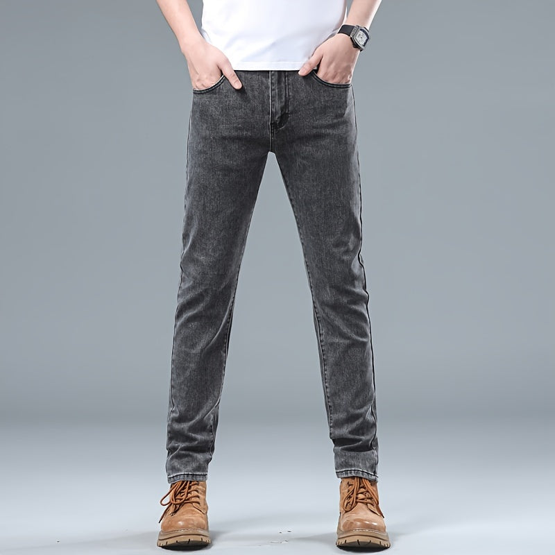 Men's Slim Fit Grey Jeans - Cotton Blend, Machine Washable, All-Season Denim Pants for Teens