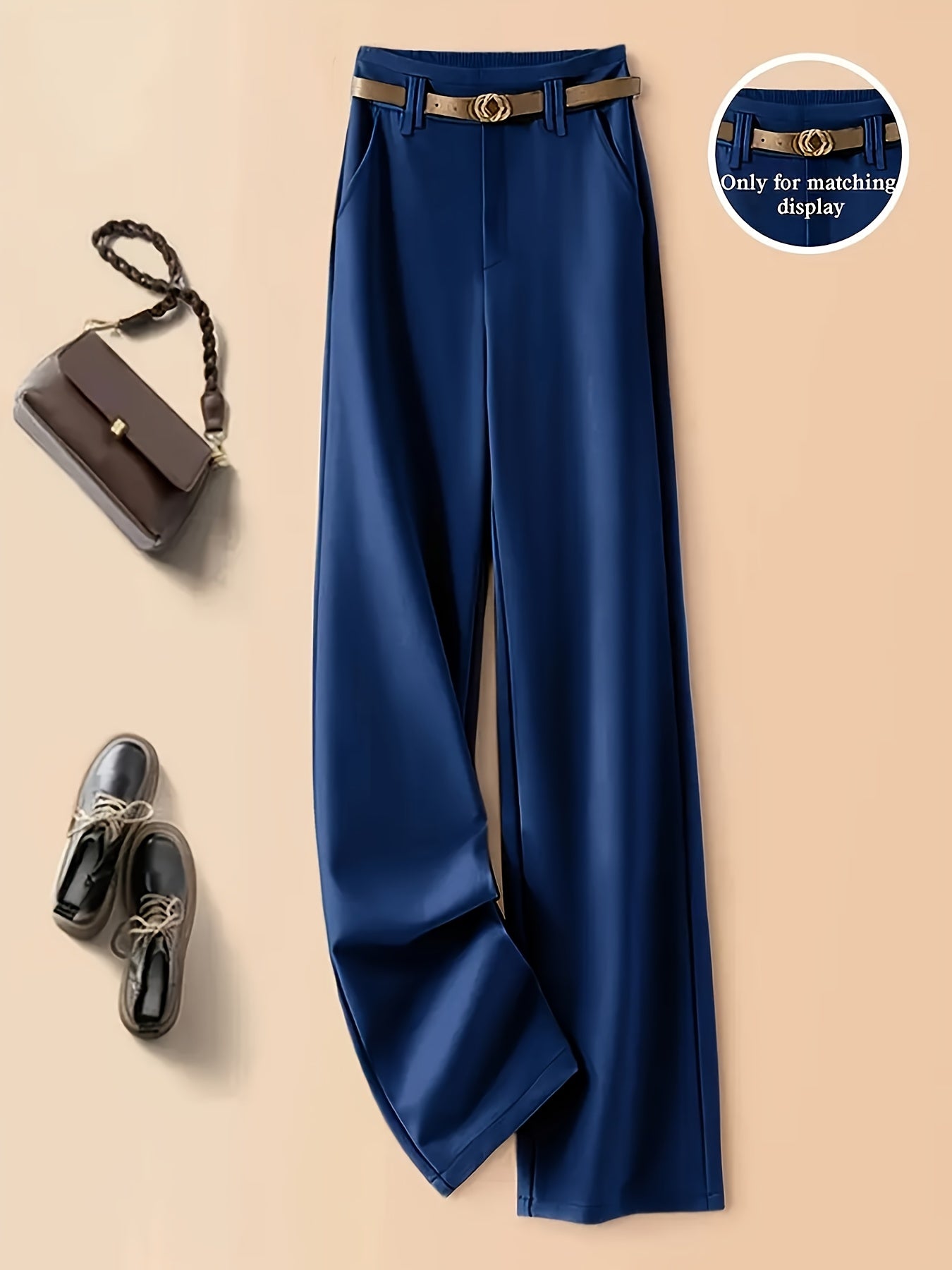 Elegant Navy Blue Satin Sleeveless Blouse & Wide-Leg Pants Set - Chic Belted Waist, High-Waisted Design, Smooth Texture, Perfect for Casual or Formal Occasions, Formal Attire | Belted Waist Blouse | Glossy Finish