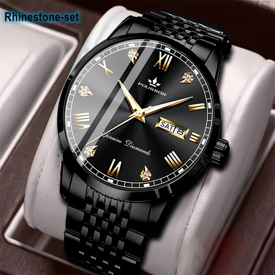 1pc Elegant Rhinestone-Set Stainless Steel Bracelet Watch for Men - Quartz, Date & Calendar Display, Glow-in-the-Dark Hands, Waterproof, Business Casual Style, Ideal Gift for Birthdays & Holidays, Casual Accessory | Elegant W