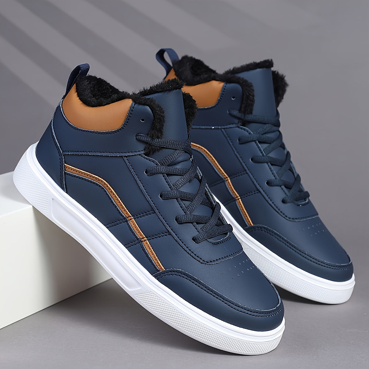 Men'S High-Top Winter Running Shoes - Lightweight Warm Fleece-Lined Sneakers with Synthetic Synthetic Upper, EVA Sole & Breathable Fabric Lining for Cold Weather, Retro Casual Sneakers for Jogging, Gym, Casual Attire - Black/