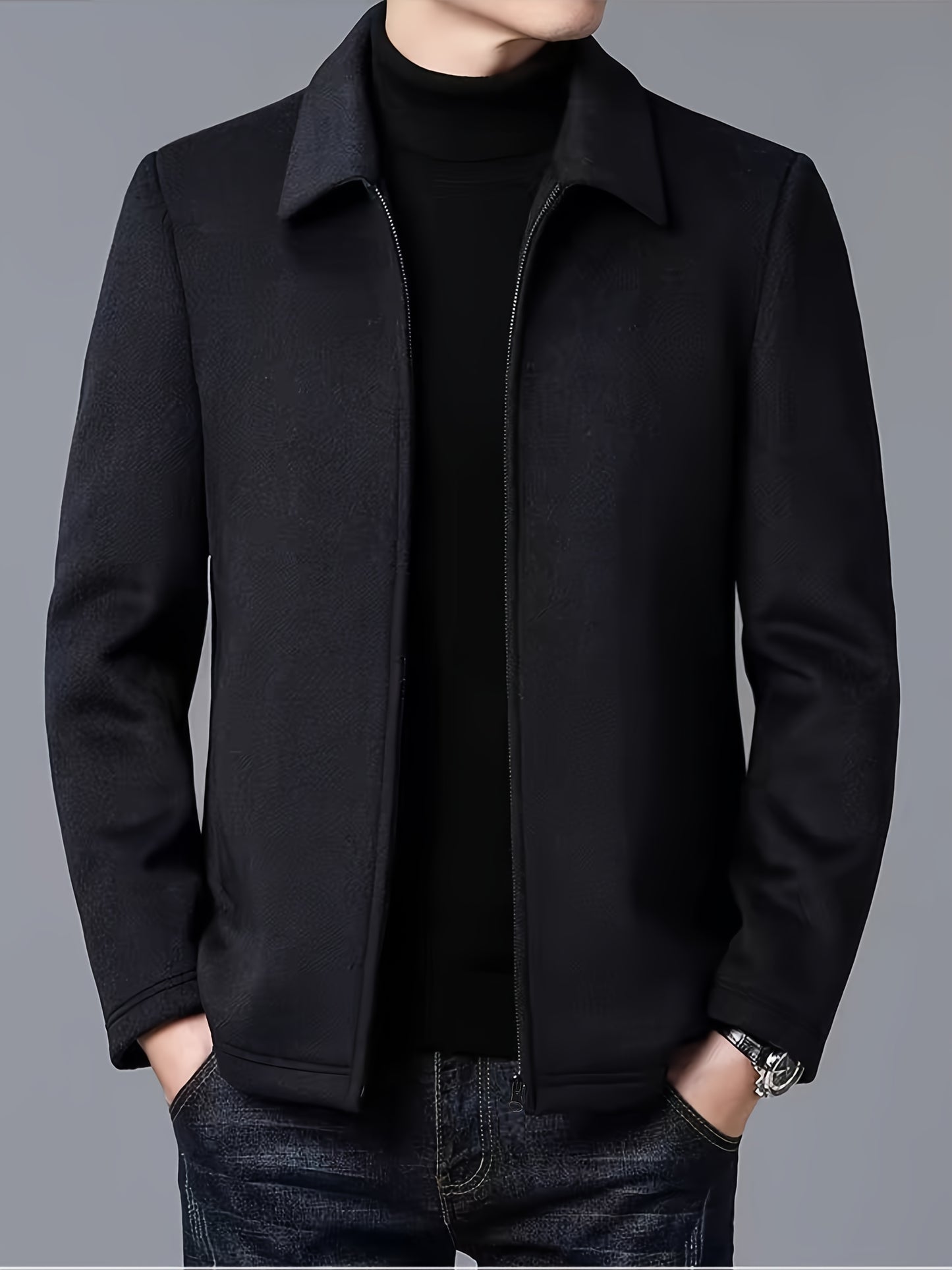Men's Autumn and Winter Fleece Jacket with Zipper and Turn-up Collar