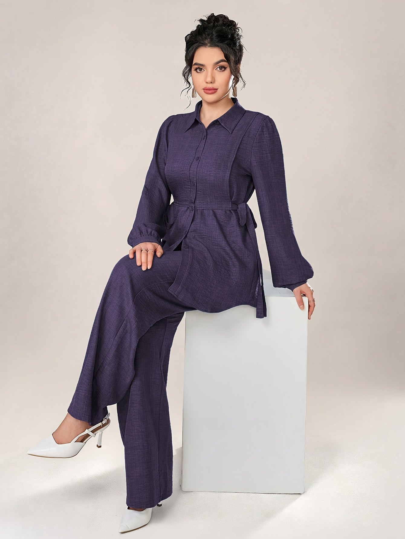 Stylish and Elegant Casual Two-Piece Women's Outfit with Side Tie Single-Breasted Shirt and Wide-Leg Pants for Office Wear