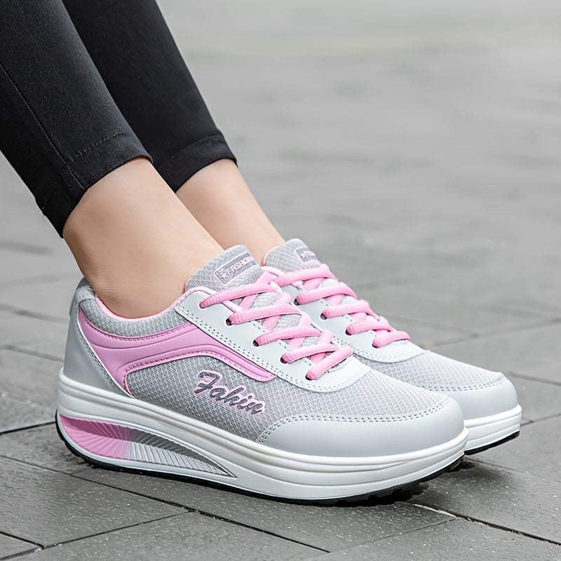 Women's Breathable Mesh Platform Sneakers, Casual Lace Up Outdoor Shoes, Comfortable Low Top Shoes Plus Size