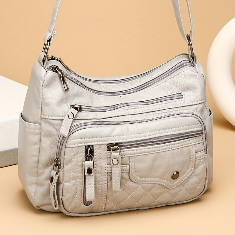 Large Capacity Nylon Shoulder Bag with Adjustable Strap, Anti-Theft Zip Closure - Available in Light Brown, Light Gray, Red, Black