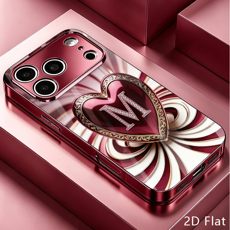Luxury Wine Red Heart Rhinestone Tempered Glass Phone Case