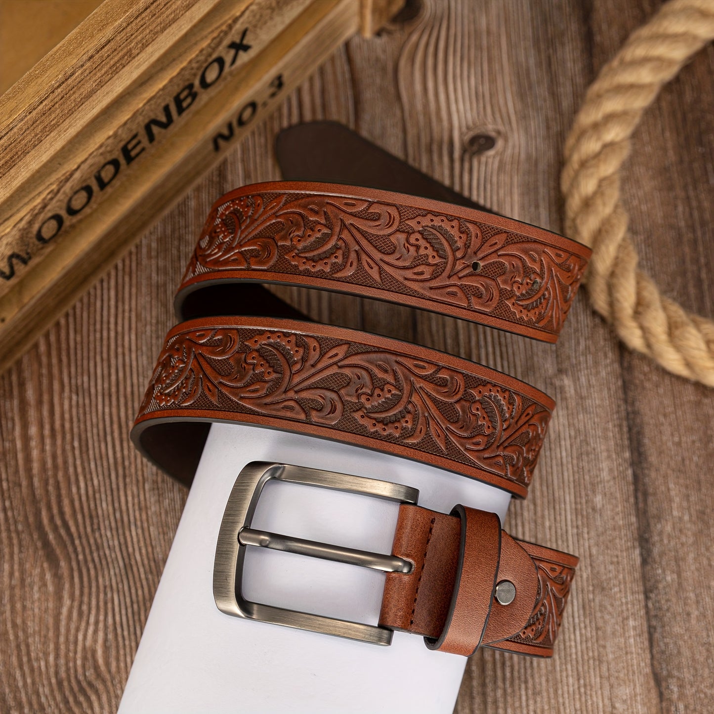 Preppy Style Men's Embossed PU Leather Belts with Vintage Leaf Pattern and Alloy Shaped Buckle