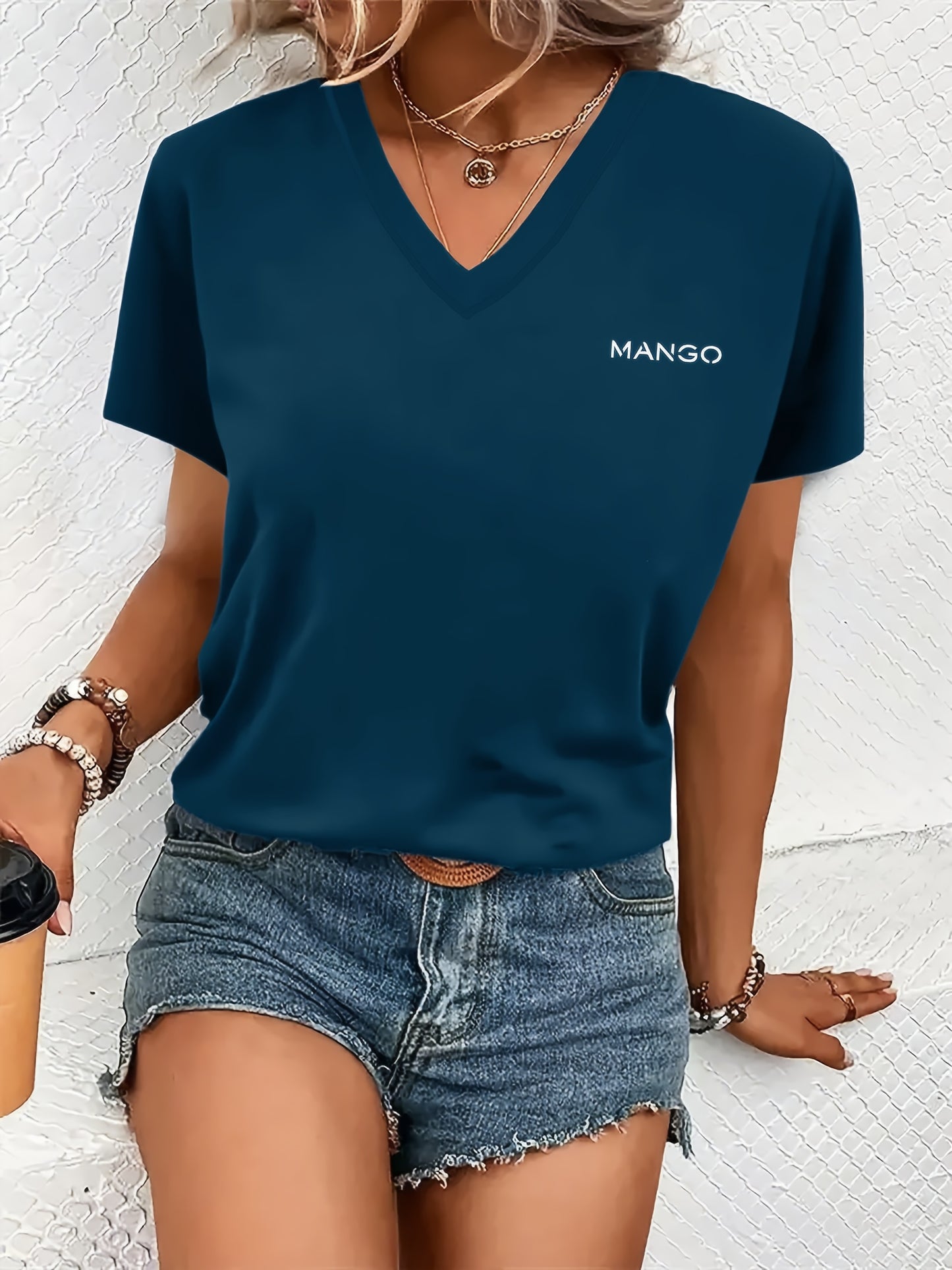 Women'S Y2K V-Neck Short Sleeve T-Shirt - Casual & Comfortable Geometric Pattern, Regular Fit All-Season Top for Casual Attire, Everyday Tshirt | Y2K Fashion | Comfortable Fit