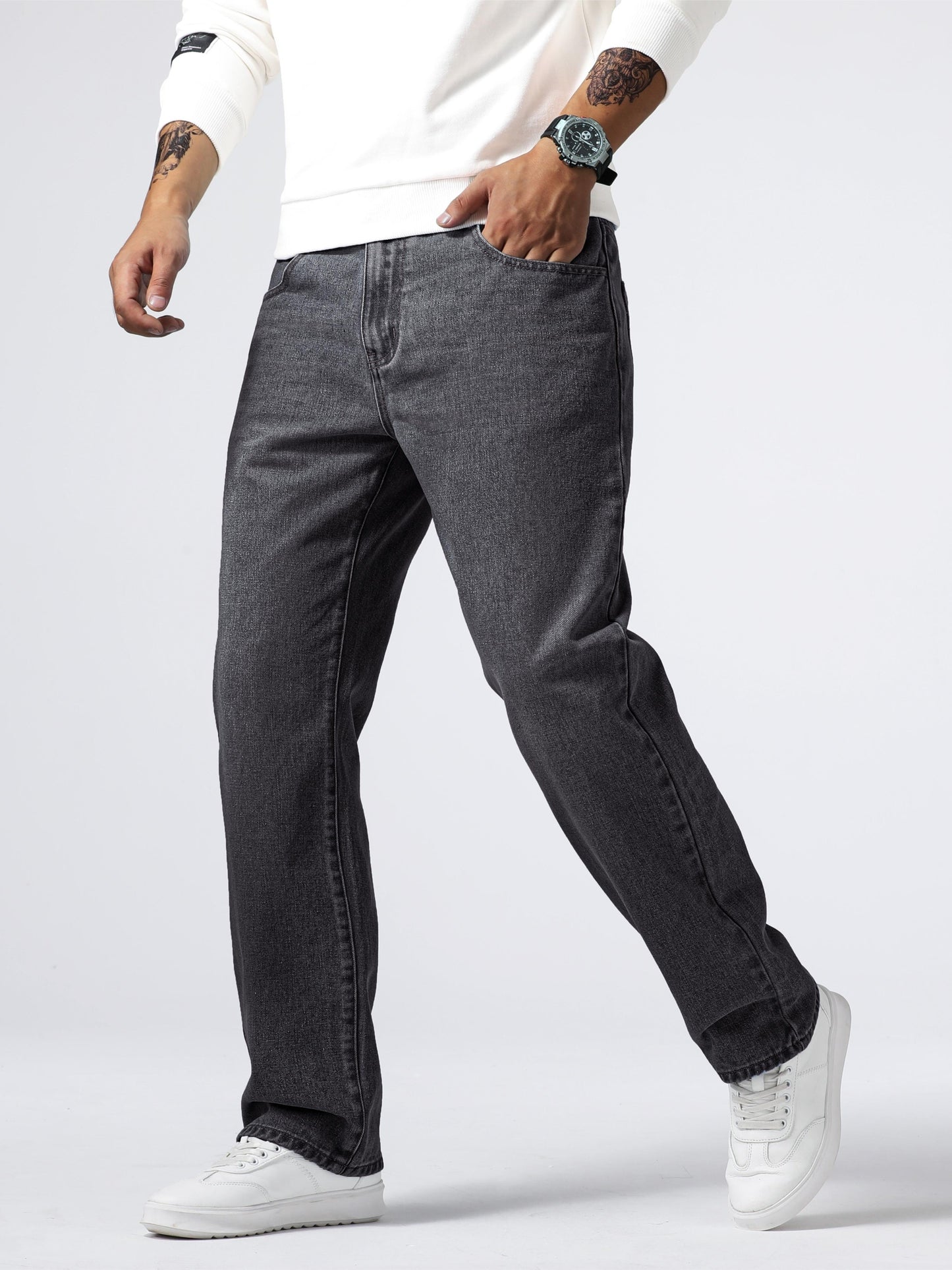Loose Fit Straight Leg Jeans, Men's Casual Street Style Distressed Denim Pants For All Seasons