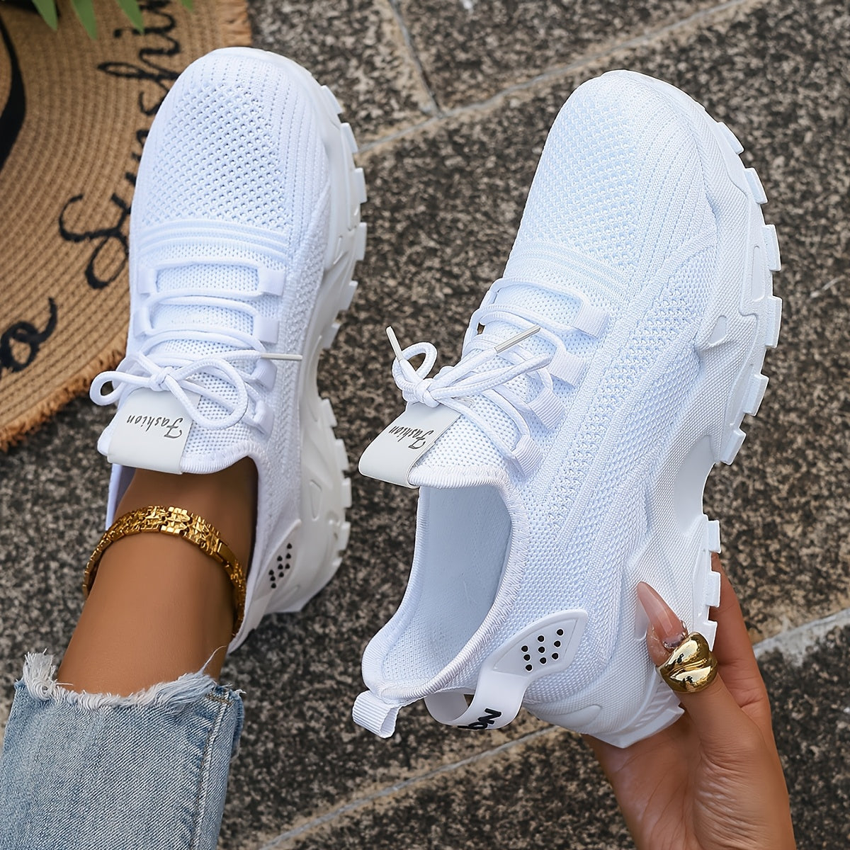 Women'S Breathable Knit Mesh Sneakers - Lightweight Running Shoes with Non-Slip EVA Sole - Comfortable All-Season Casual Walking Footwear, Black & White Options, Low-Top Lace-Up Design, Walking Shoes