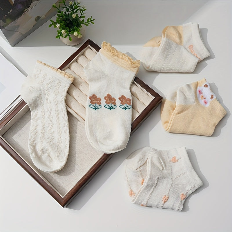 Women's Cute Cartoon Cotton Ankle Socks - 5 Pairs Set, 80% Cotton 20% Elastane, Solid Color & Patterned Designs, Breathable Knit Fabric, Sweat-Absorbent for Spring & Summer