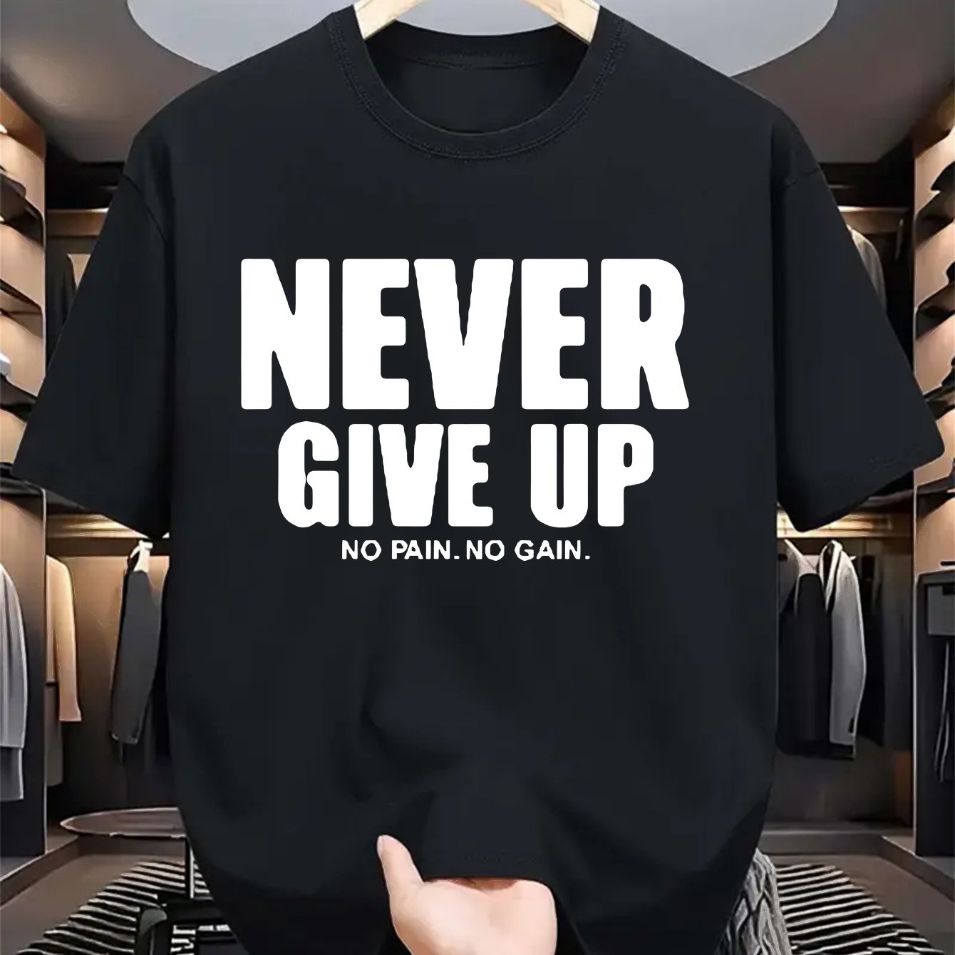 Men'S Casual Crew Neck T-Shirt with "Never Give Up" Print, Polyester Knit Fabric, Slight Stretch, Regular Fit, Summer Short Sleeve Tee for Daily Wear